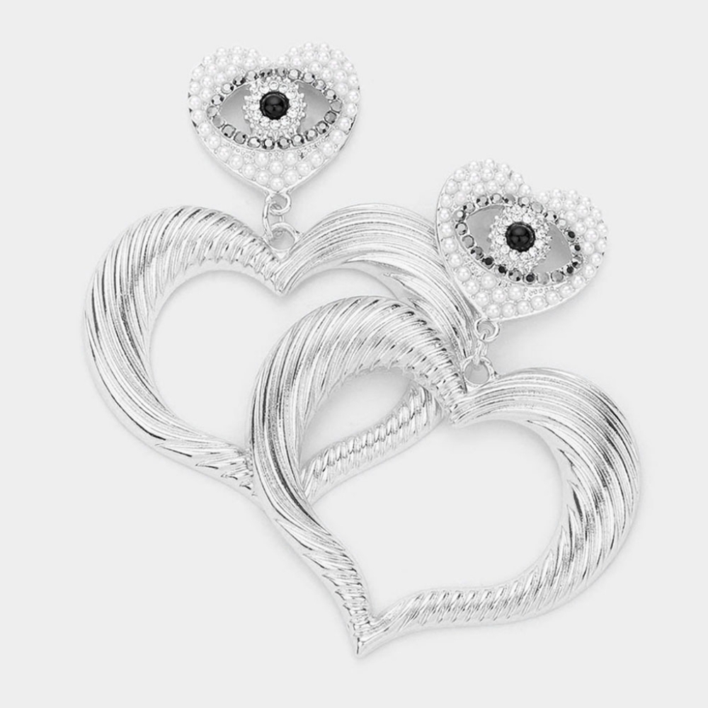 Silver Pearl Heart 3" Evil Eye Dangle Hoop Earrings Fashion Statement Jewelry
